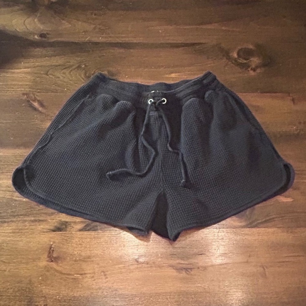 Aerie Waffle Knit Shorts Large Black Drawstring Loungewear Cozystyle Summer Soft
